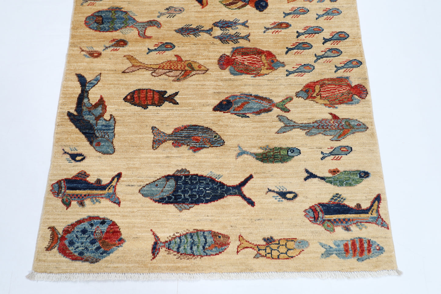 103 x 150 cm | Tribal Fish beige Area Rug Afghan Hand Knotted veg Dye Wool carpet