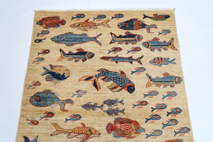 103 x 150 cm | Tribal Fish beige Area Rug Afghan Hand Knotted veg Dye Wool carpet