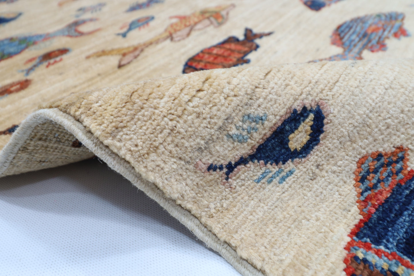 103 x 150 cm | Tribal Fish beige Area Rug Afghan Hand Knotted veg Dye Wool carpet