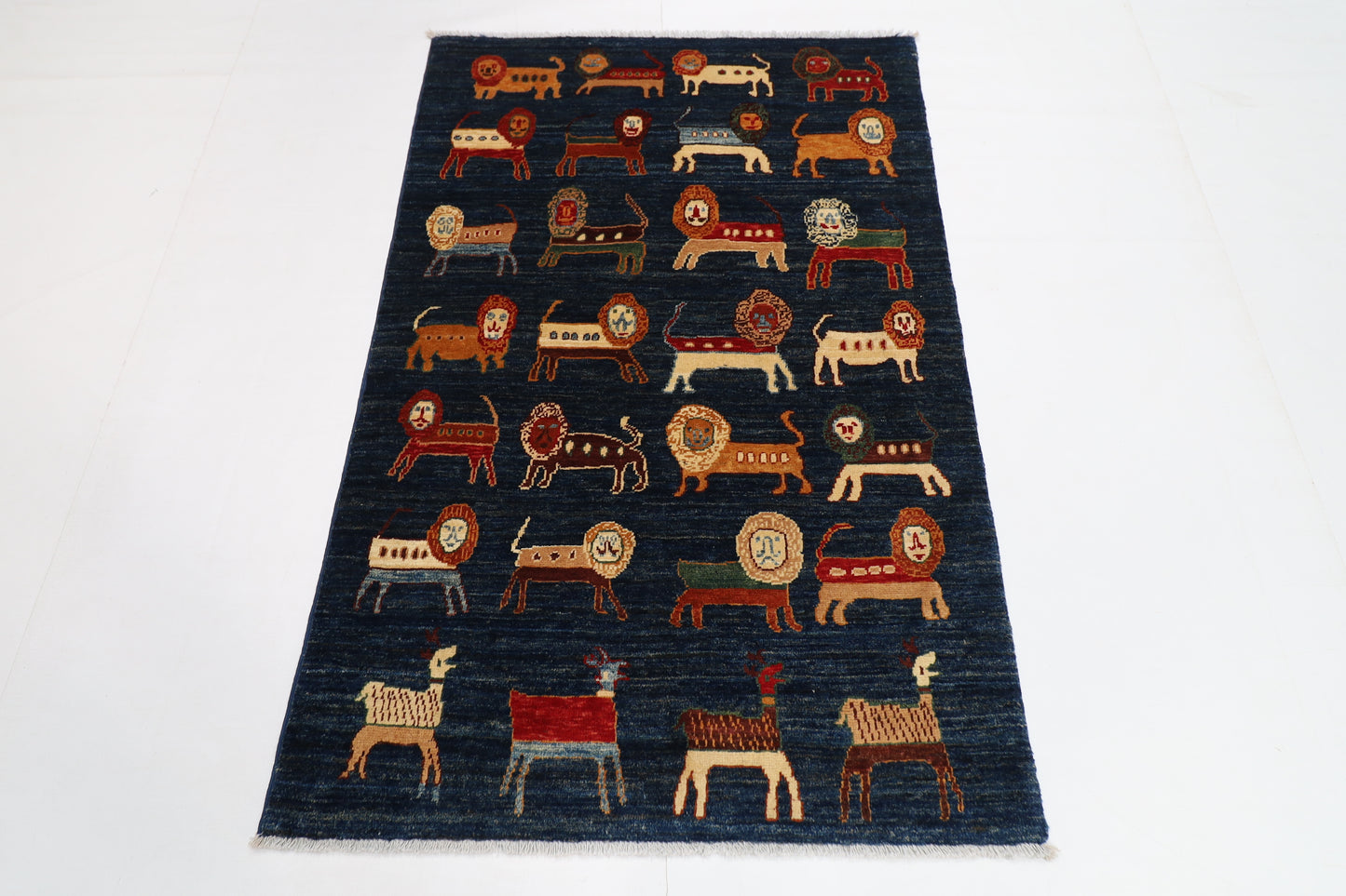 100 x 151 cm | Tribal Lion Blue Area Rug Afghan Hand Knotted veg Dye Wool carpet