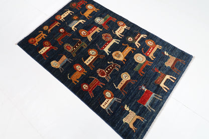 100 x 151 cm | Tribal Lion Blue Area Rug Afghan Hand Knotted veg Dye Wool carpet