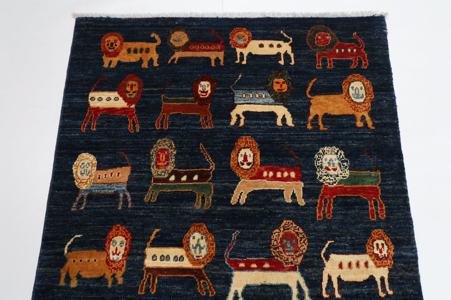 100 x 151 cm | Tribal Lion Blue Area Rug Afghan Hand Knotted veg Dye Wool carpet