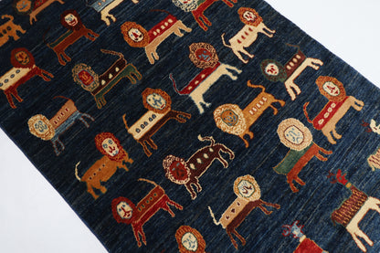 100 x 151 cm | Tribal Lion Blue Area Rug Afghan Hand Knotted veg Dye Wool carpet