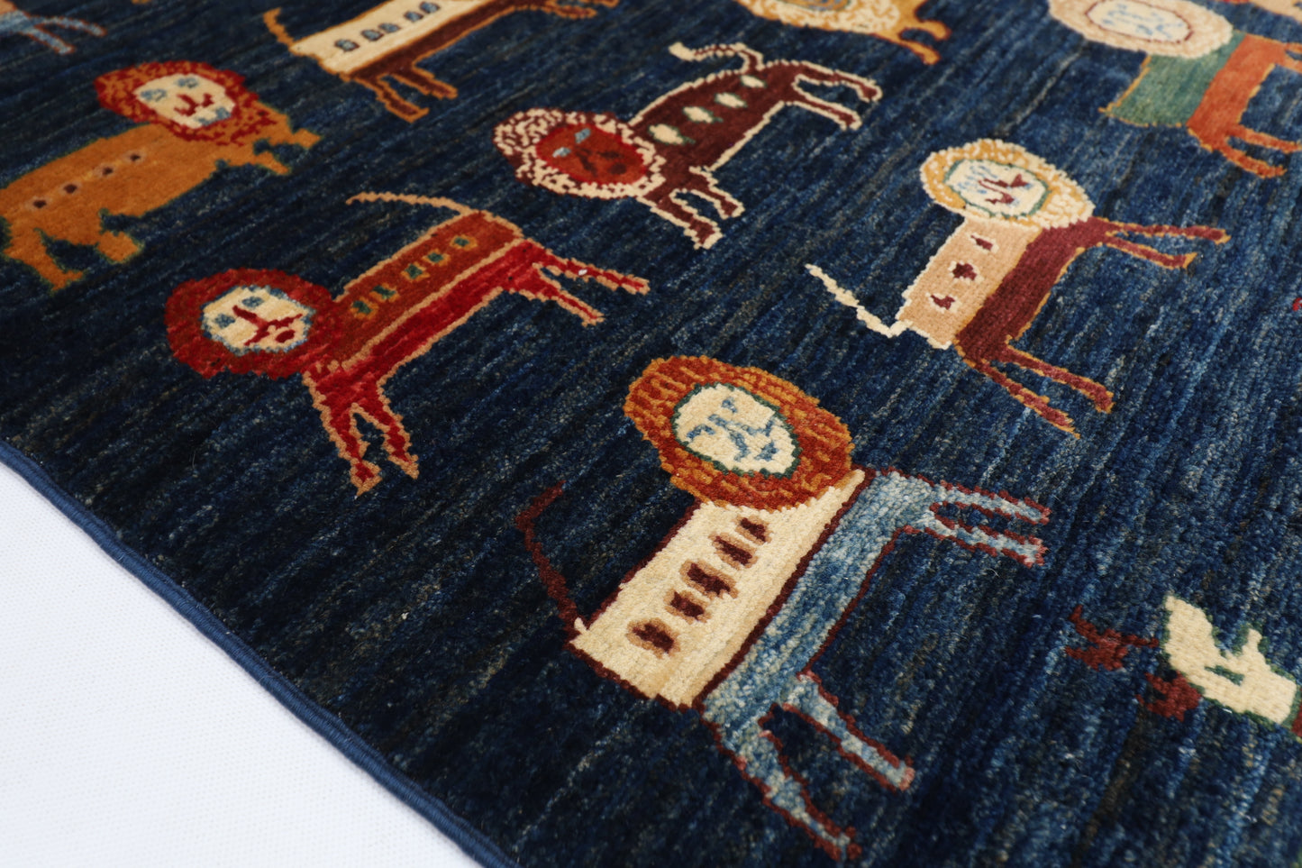 100 x 151 cm | Tribal Lion Blue Area Rug Afghan Hand Knotted veg Dye Wool carpet