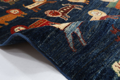 100 x 151 cm | Tribal Lion Blue Area Rug Afghan Hand Knotted veg Dye Wool carpet