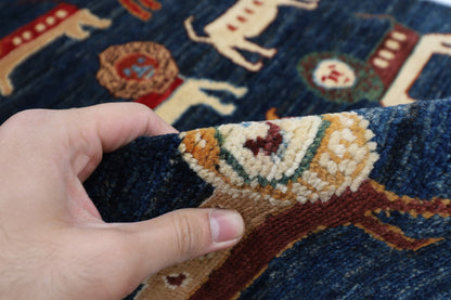 100 x 151 cm | Tribal Lion Blue Area Rug Afghan Hand Knotted veg Dye Wool carpet