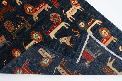100 x 151 cm | Tribal Lion Blue Area Rug Afghan Hand Knotted veg Dye Wool carpet