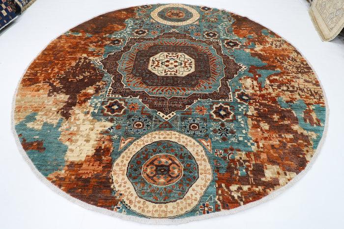 300 x 294 cm | Oriental Abstract Mamluk Round Rug Afghan Hand Knotted Veg Dye Wool carpet