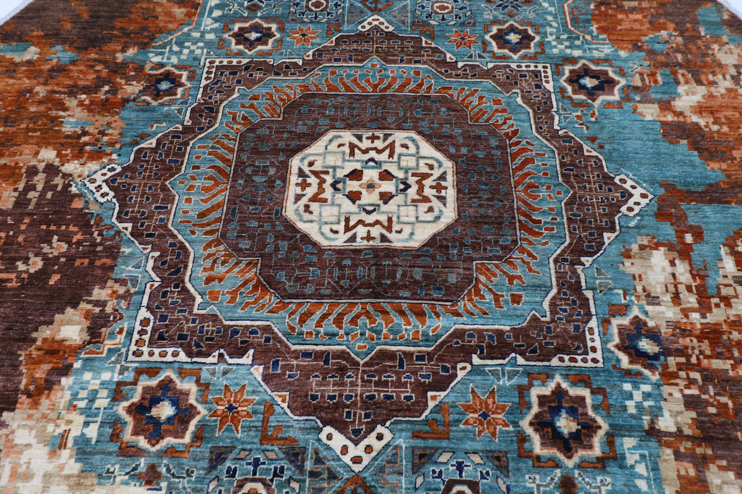 300 x 294 cm | Oriental Abstract Mamluk Round Rug Afghan Hand Knotted Veg Dye Wool carpet