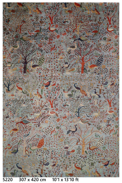 307 x 420 cm | Birds Gray Large Area Rug Afghan Hand Knotted veg Dye Wool carpet