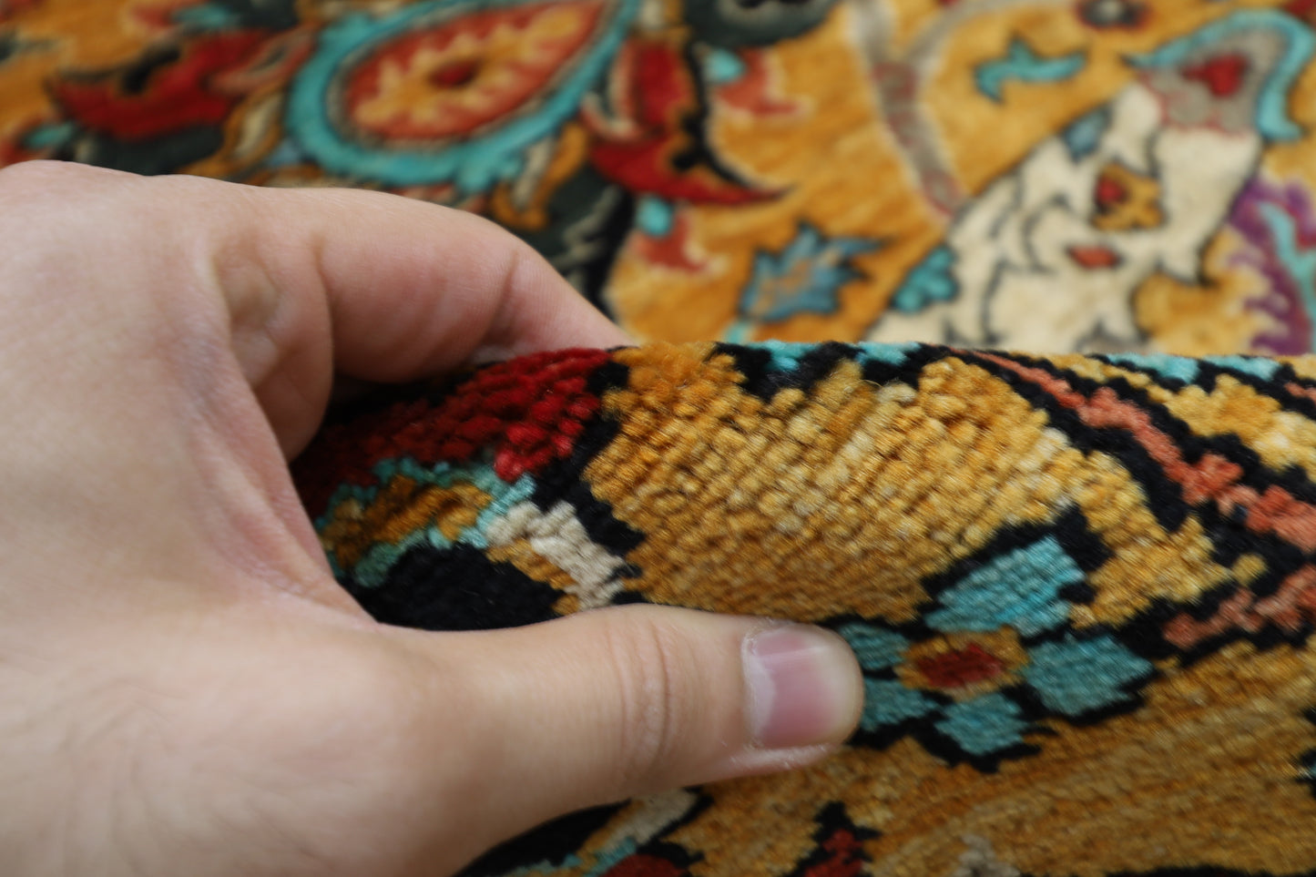 277 x 356 cm | Sickle Leaf Afghan Handmade Carpet Gold Colour