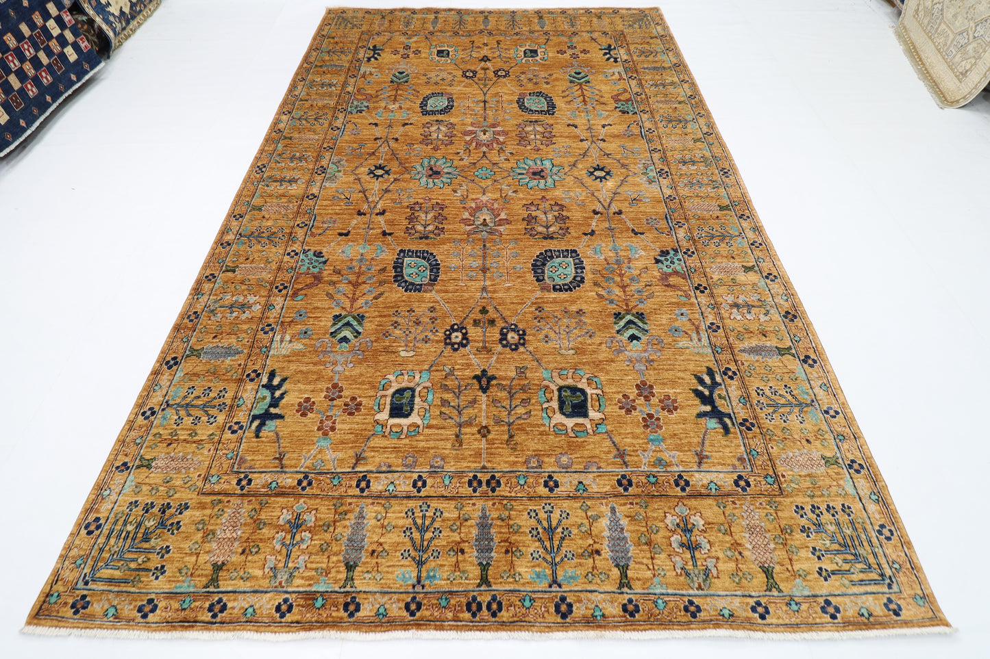 198 x 320 cm | Oriental Floral Gold Area Rug Afghan Hand Knotted Veg Dye Wool carpet