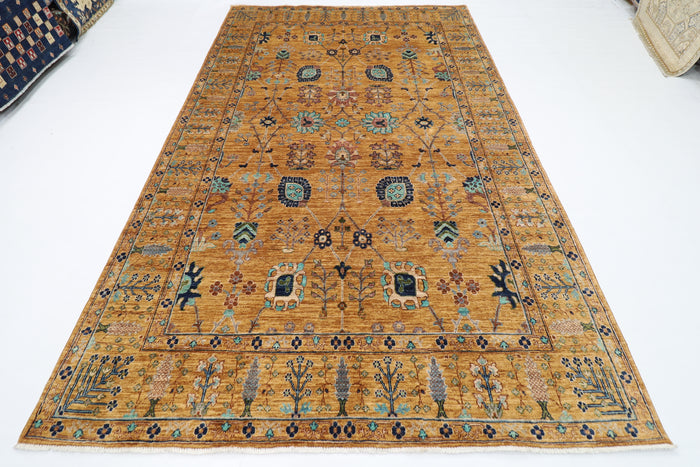 198 x 320 cm | Oriental Floral Gold Area Rug Afghan Hand Knotted Veg Dye Wool carpet