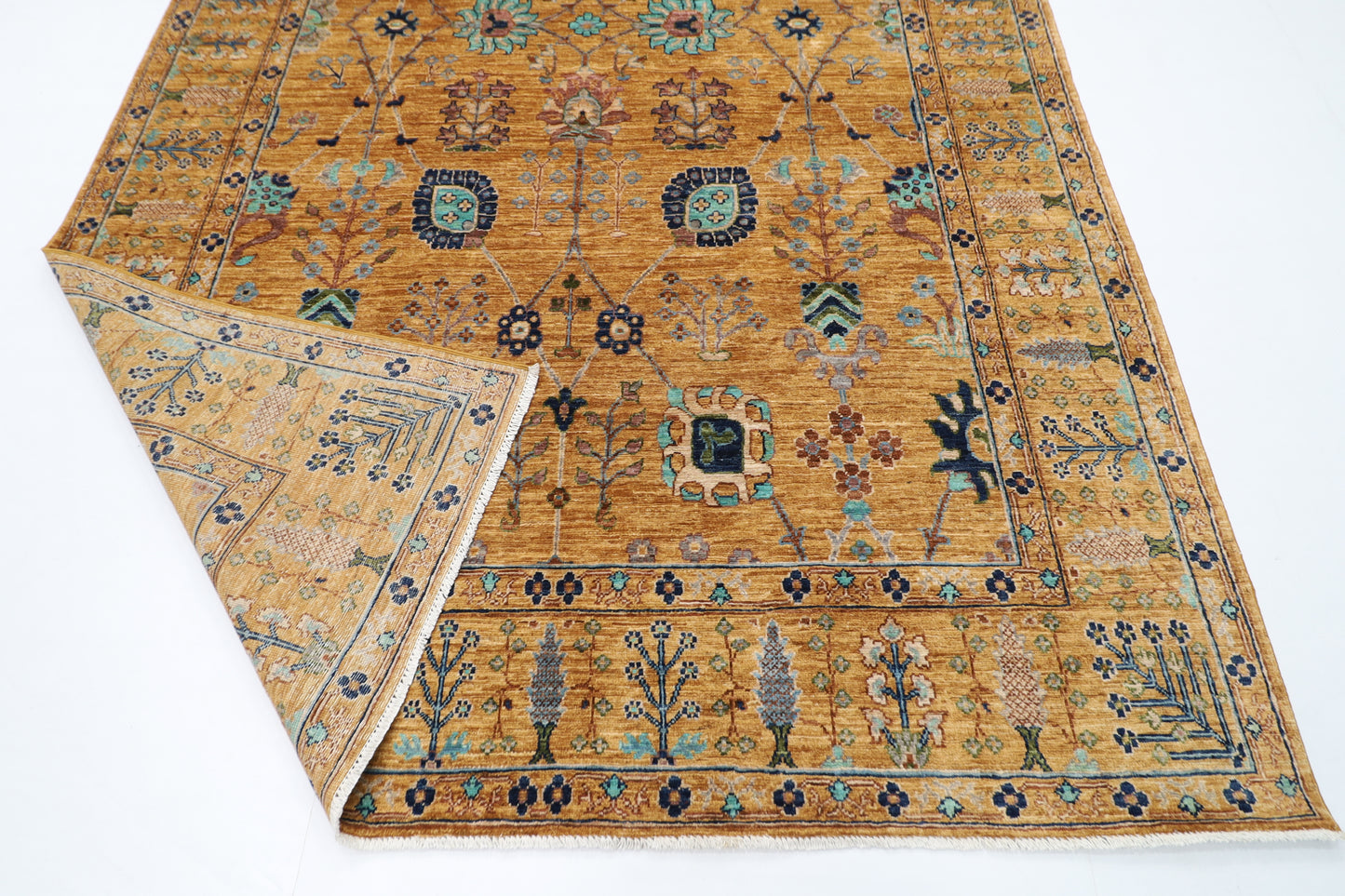 198 x 320 cm | Oriental Floral Gold Area Rug Afghan Hand Knotted Veg Dye Wool carpet