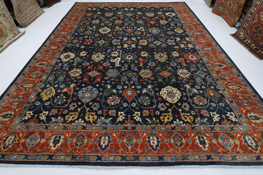 303 x 413 cm | Oriental Floral Navy Blue Area Rug Afghan Hand Knotted veg Dye Wool Carpet