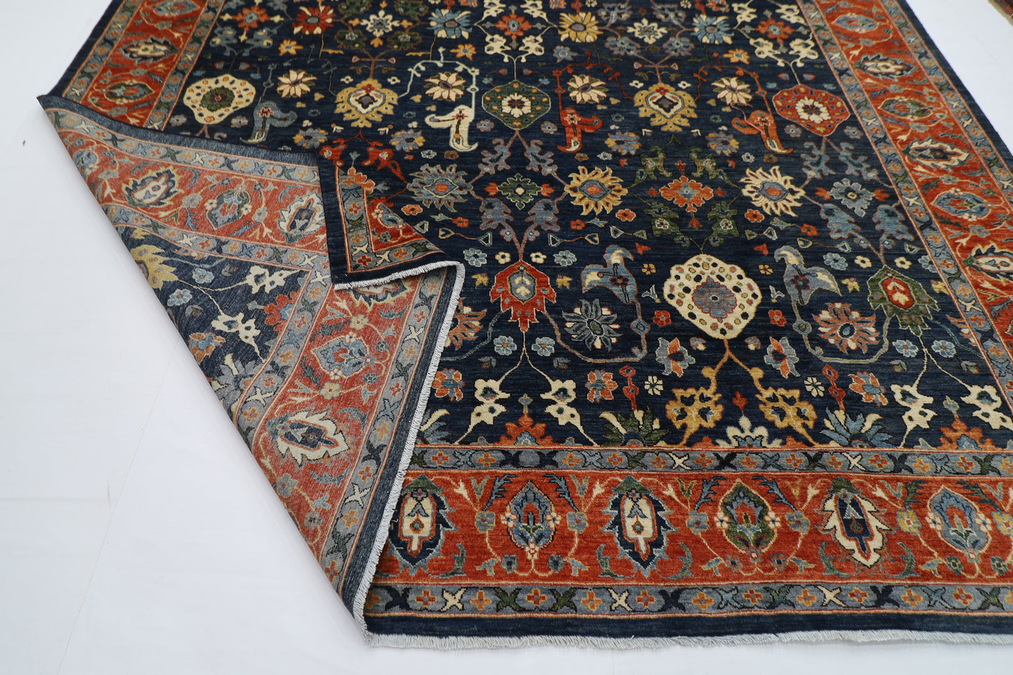 303 x 413 cm | Oriental Floral Navy Blue Area Rug Afghan Hand Knotted veg Dye Wool Carpet