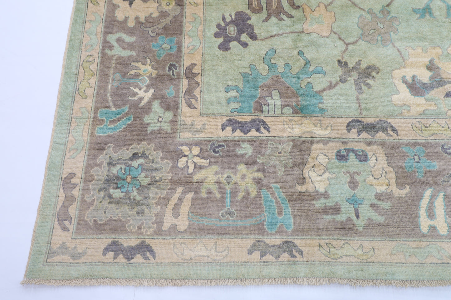 271 x 355 cm | Oushak Green Afghan Hand Knotted Carpet
