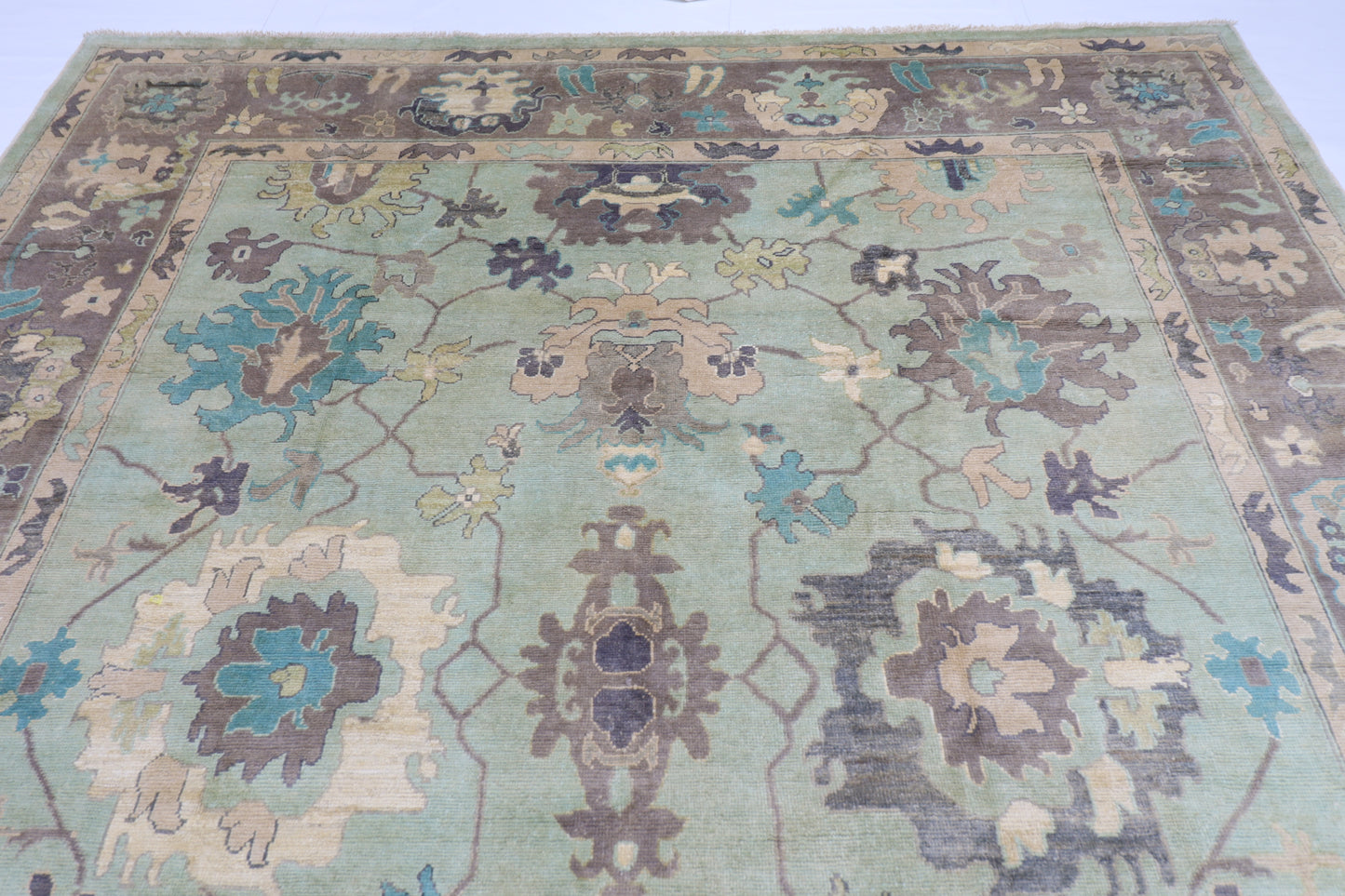 271 x 355 cm | Oushak Green Afghan Hand Knotted Carpet