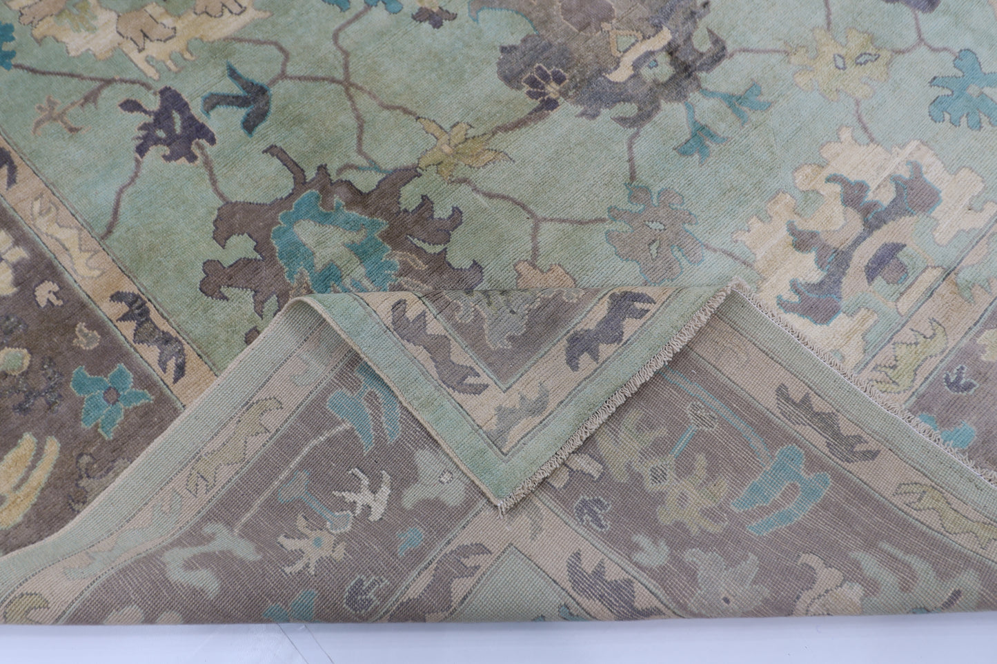 271 x 355 cm | Oushak Green Afghan Hand Knotted Carpet
