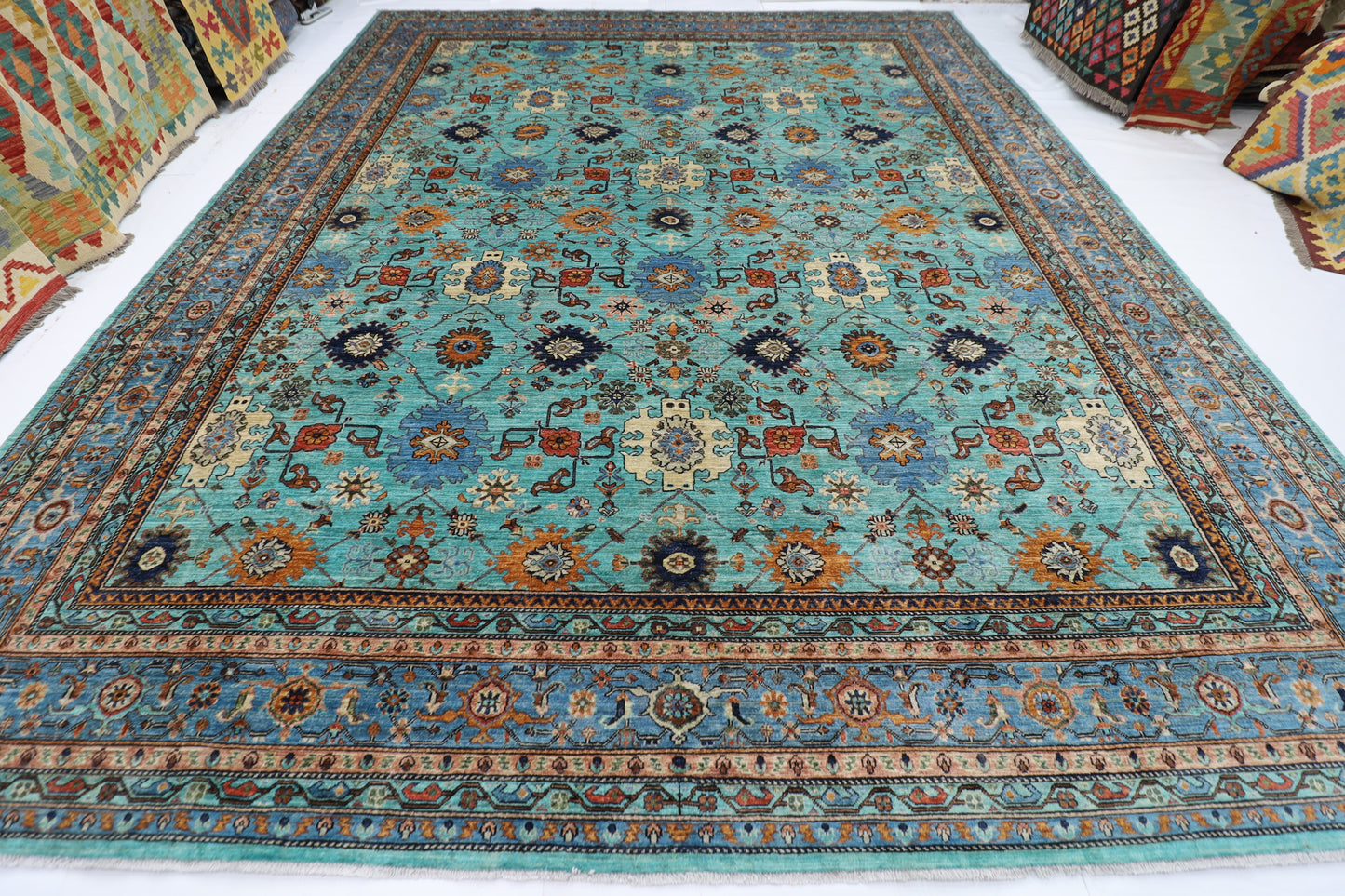 356 x 436 cm | Aryana Turquoise Afghan Hand Knotted Carpet