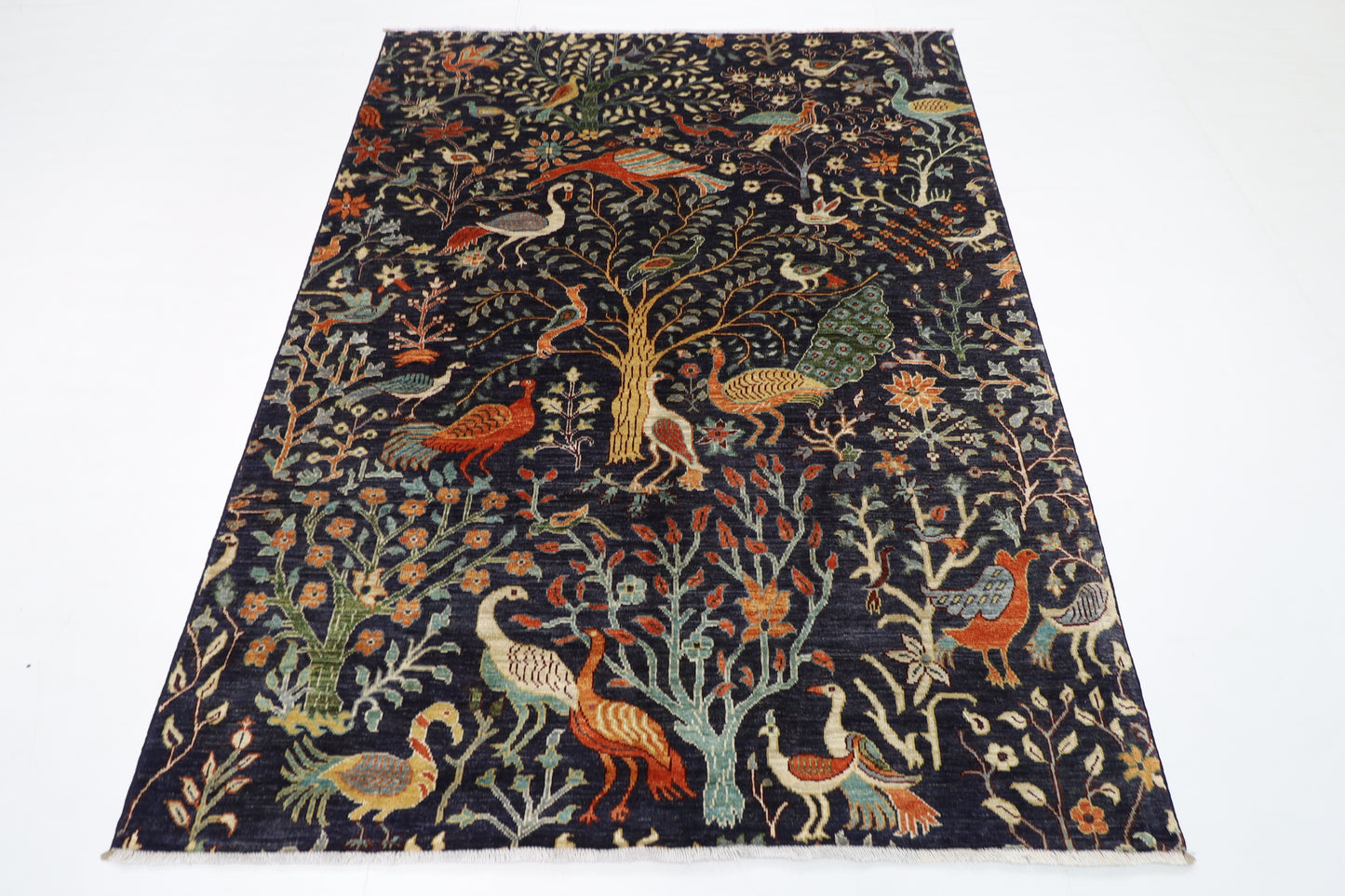 155 x 196 cm | Birds Blue Oriental Area Rug Afghan Hand Knotted Veg Dye Wool carpet