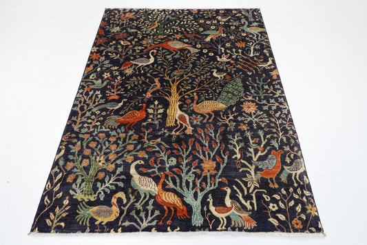 155 x 196 cm | Birds Blue Oriental Area Rug Afghan Hand Knotted Veg Dye Wool carpet