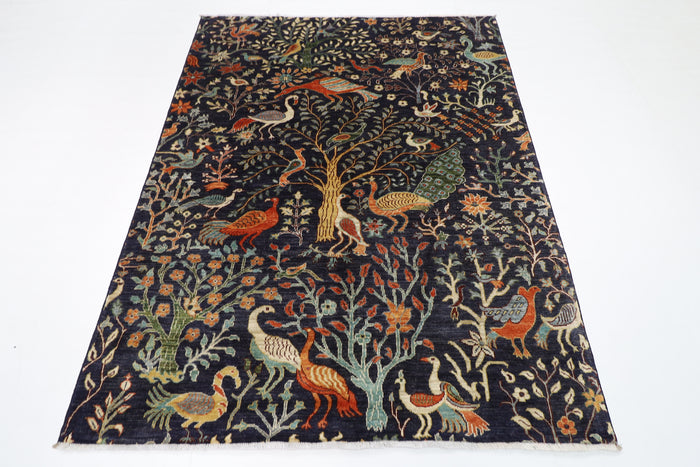 155 x 196 cm | Birds Blue Oriental Area Rug Afghan Hand Knotted Veg Dye Wool carpet