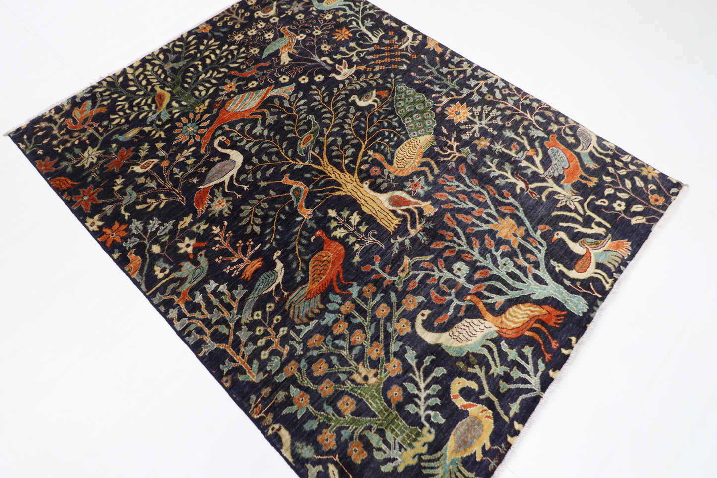 155 x 196 cm | Birds Blue Oriental Area Rug Afghan Hand Knotted Veg Dye Wool carpet
