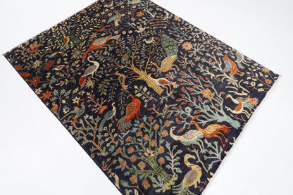155 x 196 cm | Birds Blue Oriental Area Rug Afghan Hand Knotted Veg Dye Wool carpet