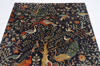 155 x 196 cm | Birds Blue Oriental Area Rug Afghan Hand Knotted Veg Dye Wool carpet