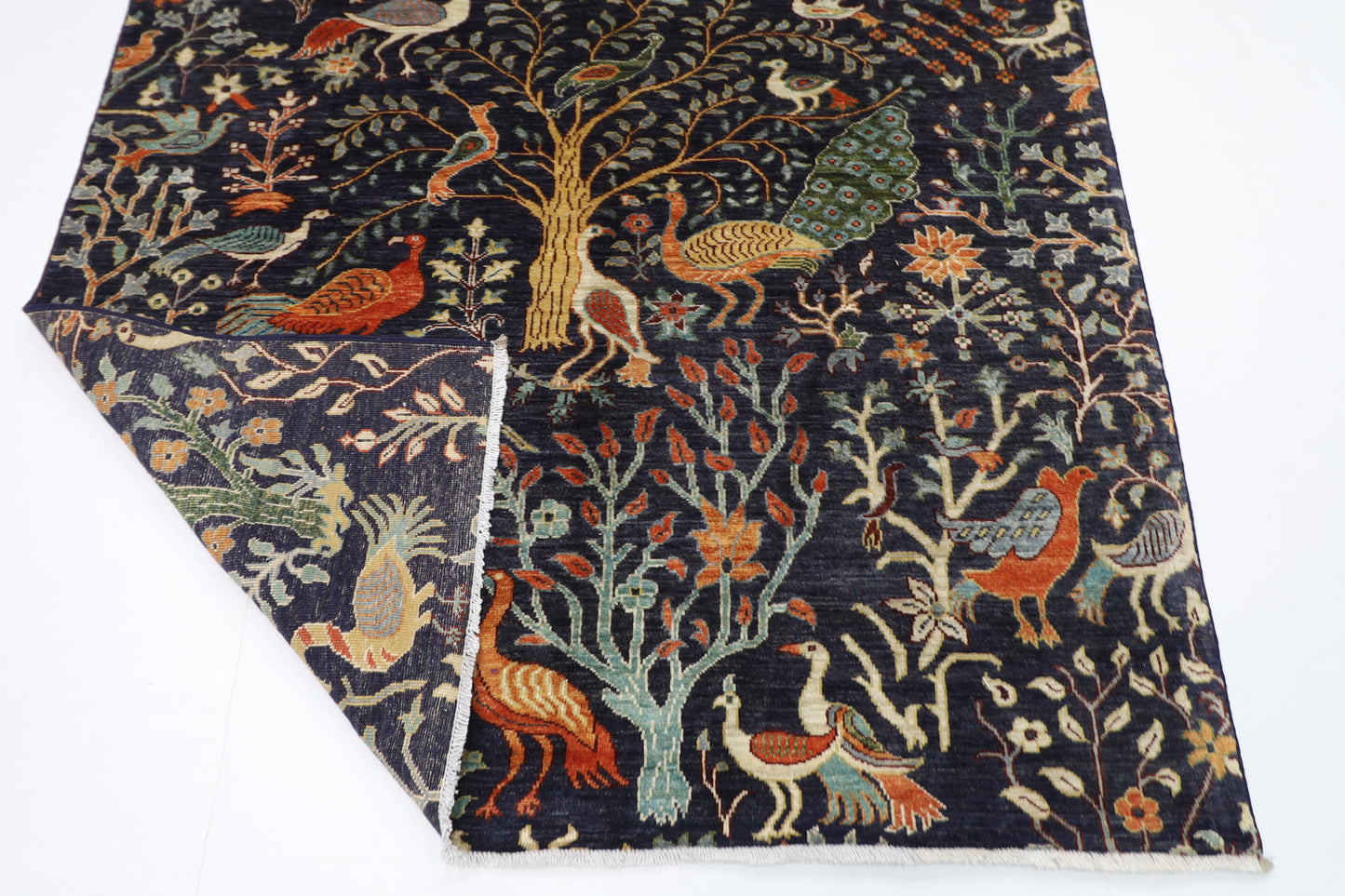 155 x 196 cm | Birds Blue Oriental Area Rug Afghan Hand Knotted Veg Dye Wool carpet