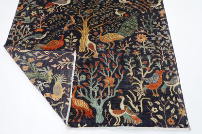 155 x 196 cm | Birds Blue Oriental Area Rug Afghan Hand Knotted Veg Dye Wool carpet