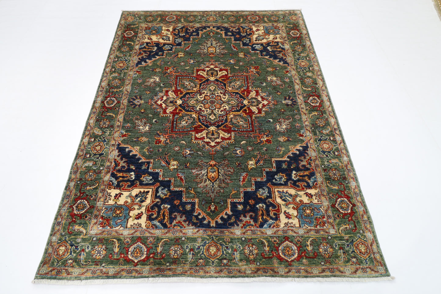 153 x 201 cm | Heriz Green Oriental Area Rug Afghan Hand Knotted Veg Dye Wool carpet