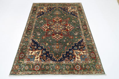 153 x 201 cm | Heriz Green Oriental Area Rug Afghan Hand Knotted Veg Dye Wool carpet