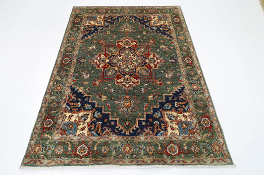 153 x 201 cm | Heriz Green Oriental Area Rug Afghan Hand Knotted Veg Dye Wool carpet