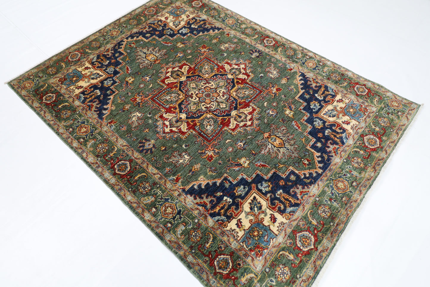 153 x 201 cm | Heriz Green Oriental Area Rug Afghan Hand Knotted Veg Dye Wool carpet