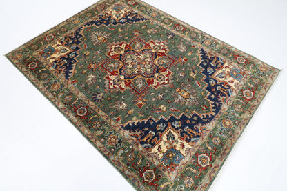 153 x 201 cm | Heriz Green Oriental Area Rug Afghan Hand Knotted Veg Dye Wool carpet