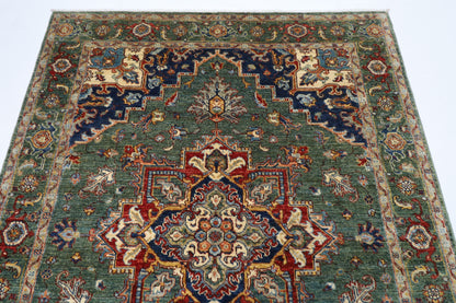 153 x 201 cm | Heriz Green Oriental Area Rug Afghan Hand Knotted Veg Dye Wool carpet