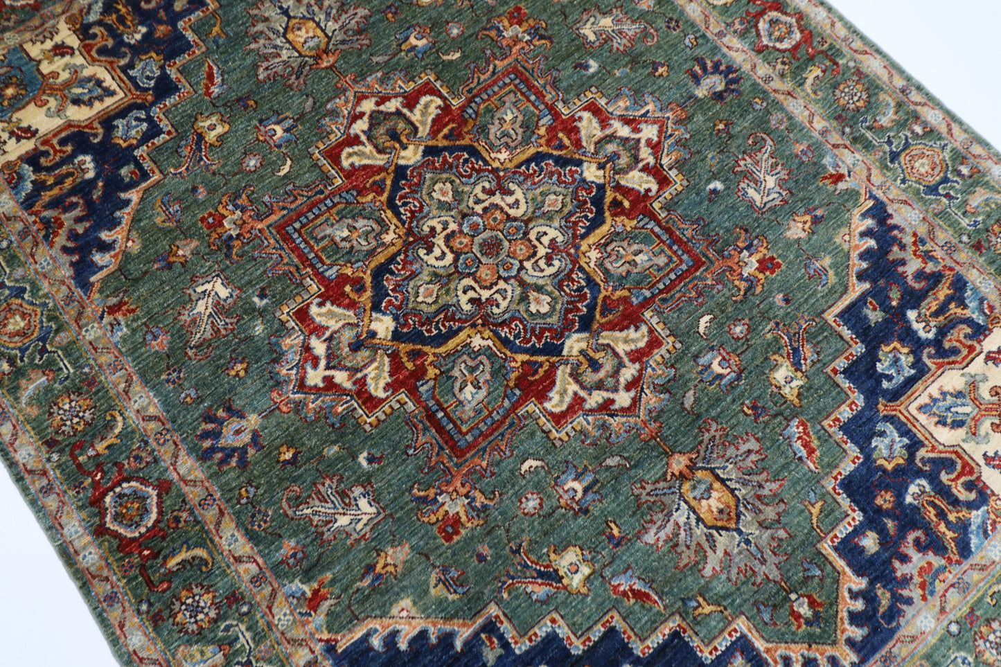 153 x 201 cm | Heriz Green Oriental Area Rug Afghan Hand Knotted Veg Dye Wool carpet