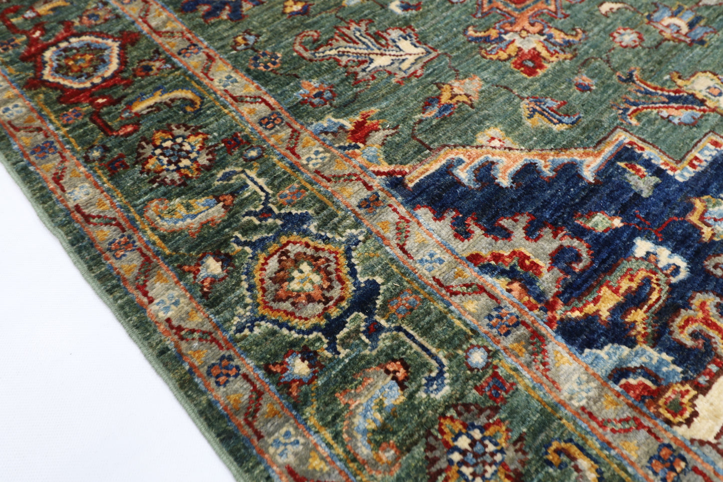 153 x 201 cm | Heriz Green Oriental Area Rug Afghan Hand Knotted Veg Dye Wool carpet