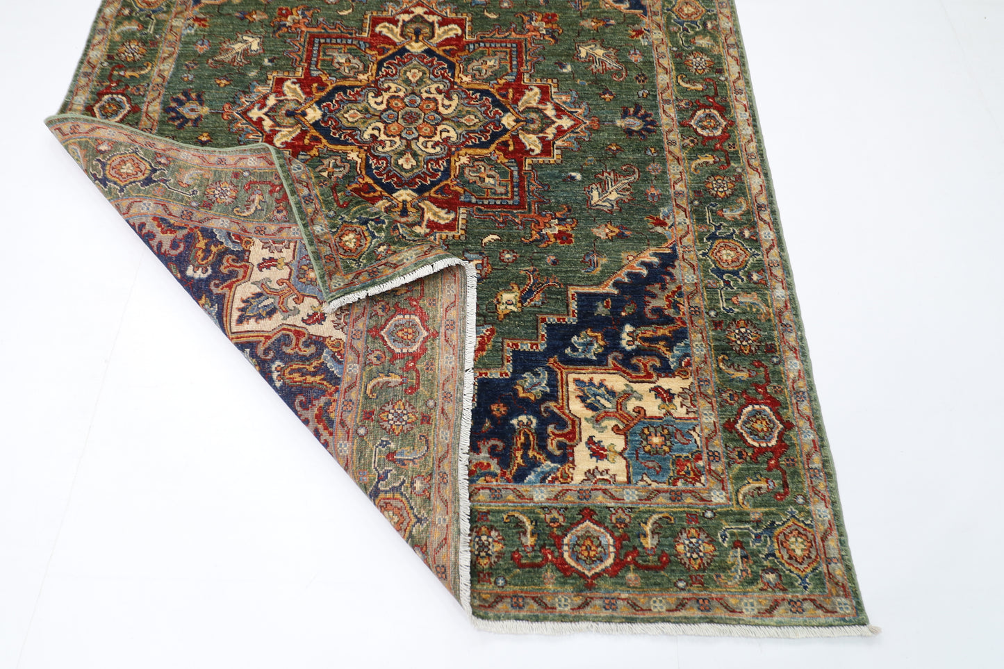 153 x 201 cm | Heriz Green Oriental Area Rug Afghan Hand Knotted Veg Dye Wool carpet