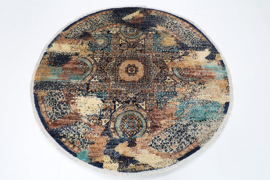 152 x 150 cm | Abstract Mamluk Round Oriental Rug Afghan Hand Knotted Veg Dye Wool carpet