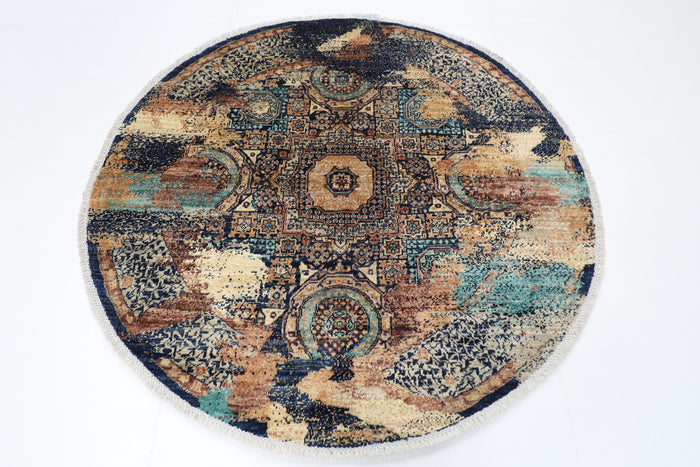 152 x 150 cm | Abstract Mamluk Round Oriental Rug Afghan Hand Knotted Veg Dye Wool carpet