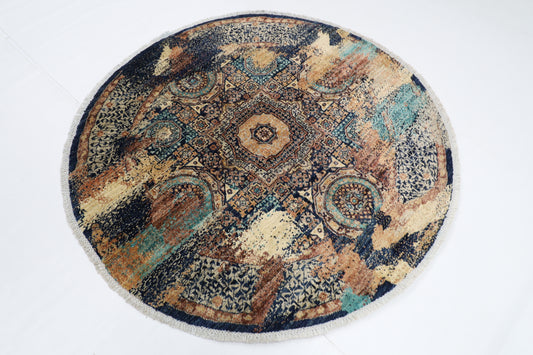 152 x 150 cm | Abstract Mamluk Round Oriental Rug Afghan Hand Knotted Veg Dye Wool carpet