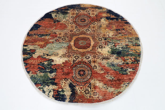 154 x 149 cm | Abstract Mamluk Oriental Round Rug Afghan Hand Knotted Veg Dye Wool carpet