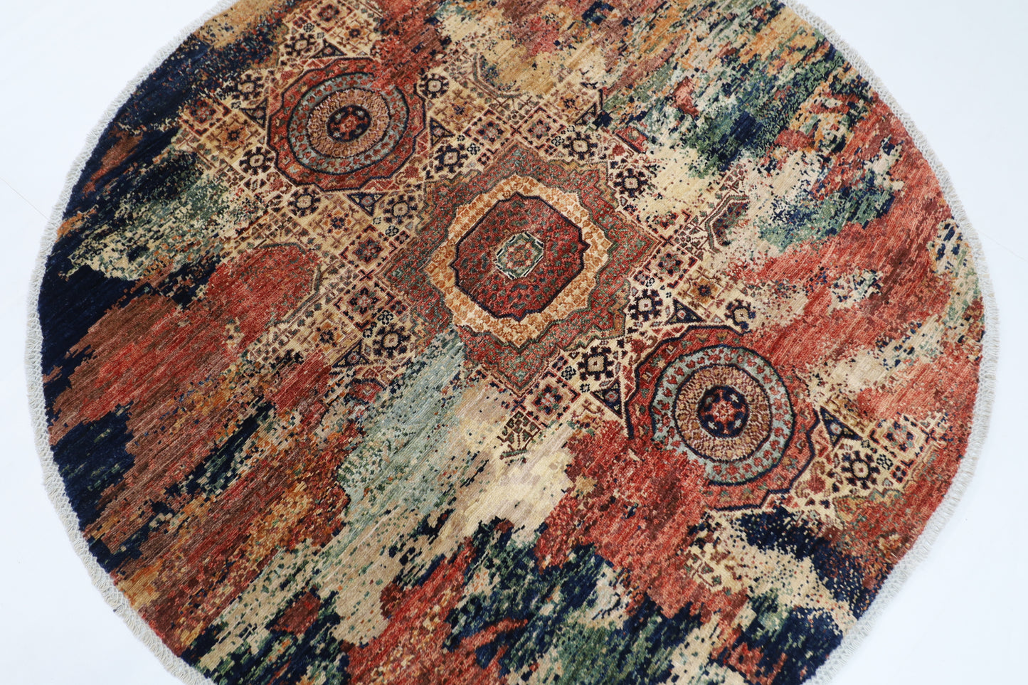 154 x 149 cm | Abstract Mamluk Oriental Round Rug Afghan Hand Knotted Veg Dye Wool carpet