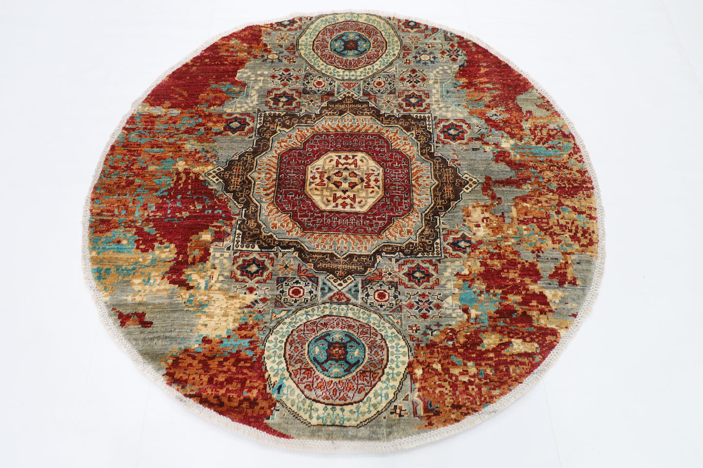 154 x 151 cm | Oriental Abstract Round Rug Afghan Hand Knotted Veg Dye Wool carpet