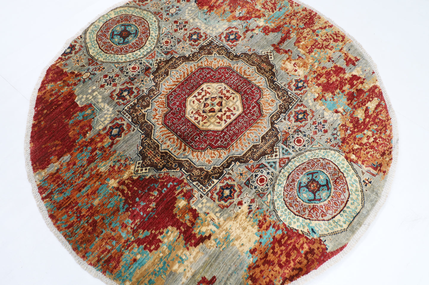 154 x 151 cm | Oriental Abstract Round Rug Afghan Hand Knotted Veg Dye Wool carpet