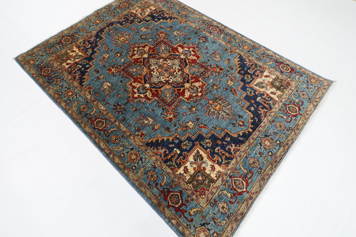 150 x 204 cm | Oriental Heriz Blue Area Rug Afghan Hand Knotted Veg Dye Wool carpet