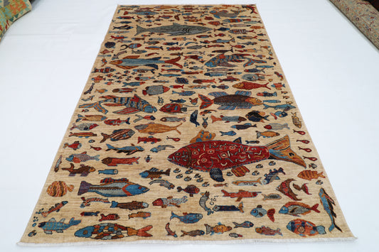 180 x 273 cm | Fish Party Beige Afghan Hand Knotted Carpet